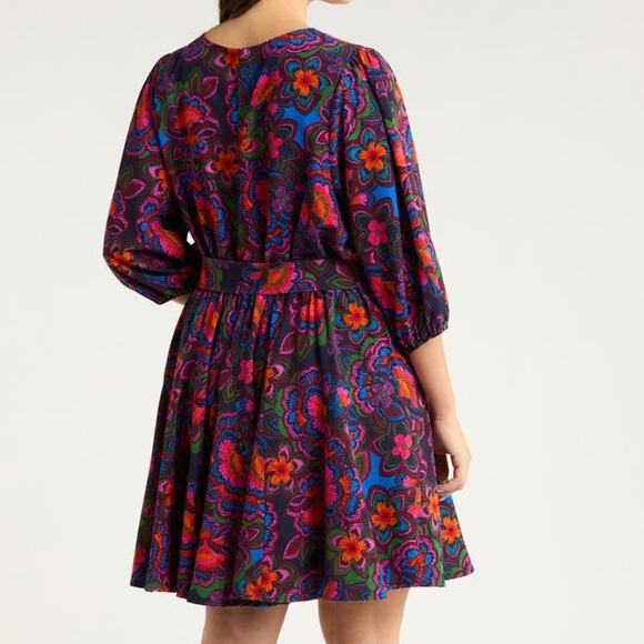 Sugarlips NWOT Rainbow Floral Print Crew Neck Button Tie Waist Mini Dress Small - Picture 8 of 11